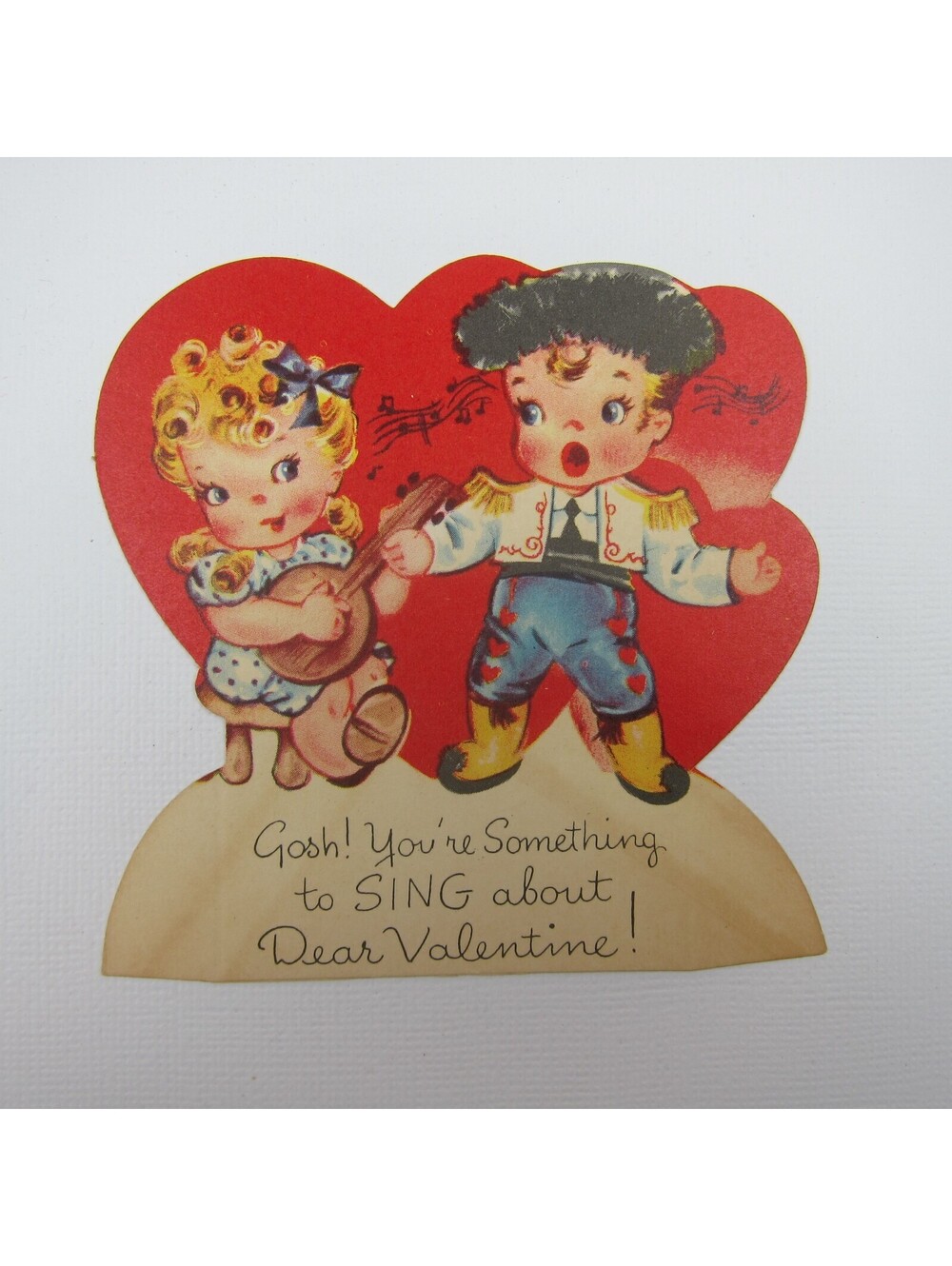 Vintage Valentine Blonde Girl Plays Banjo Boy Sings Costume Red Heart Americard